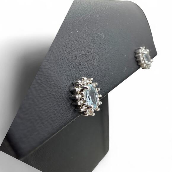 Natural Oval Blue Topaz Diamond Stud Earrings 925 Sterling Silver Butterfly Back - Picture 4 of 4